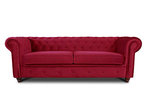 Sofa Chesterfield Asti 3-Sitzer, Couch 3-er, Glamour Design, Couchgarnitur, Sofagarnitur, Holzfüße, Polstersofa - Wohnzimmer, Velours (Rot (Velvet 59)) von Sofnet