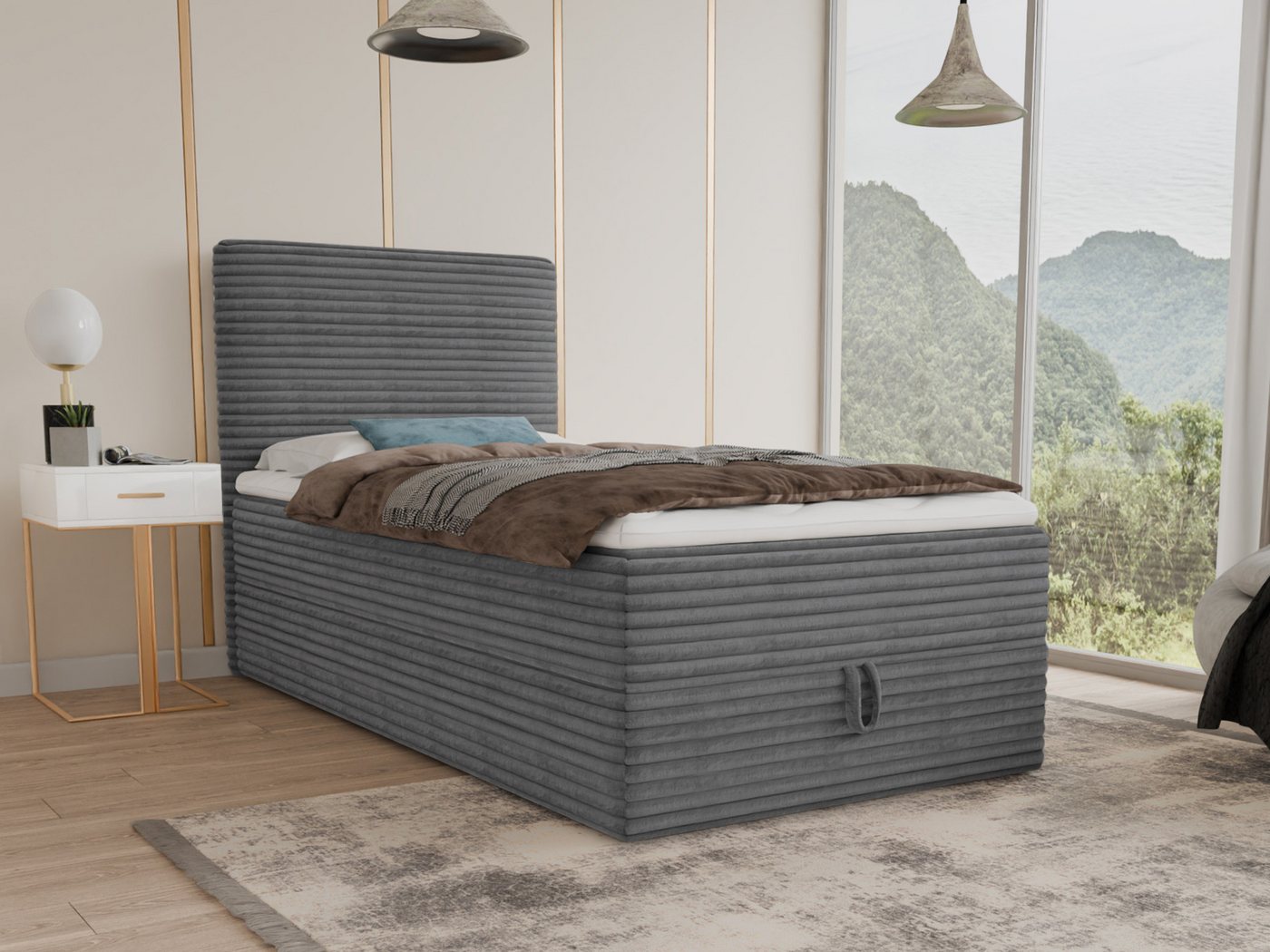 Sofnet Boxbett Mollo Mini (großer Bettkasten, Bonell-Matratze und Topper), Einzelbett, Polsterbett mit Kopfteil, Boxspringbett, Cordstoff von Sofnet