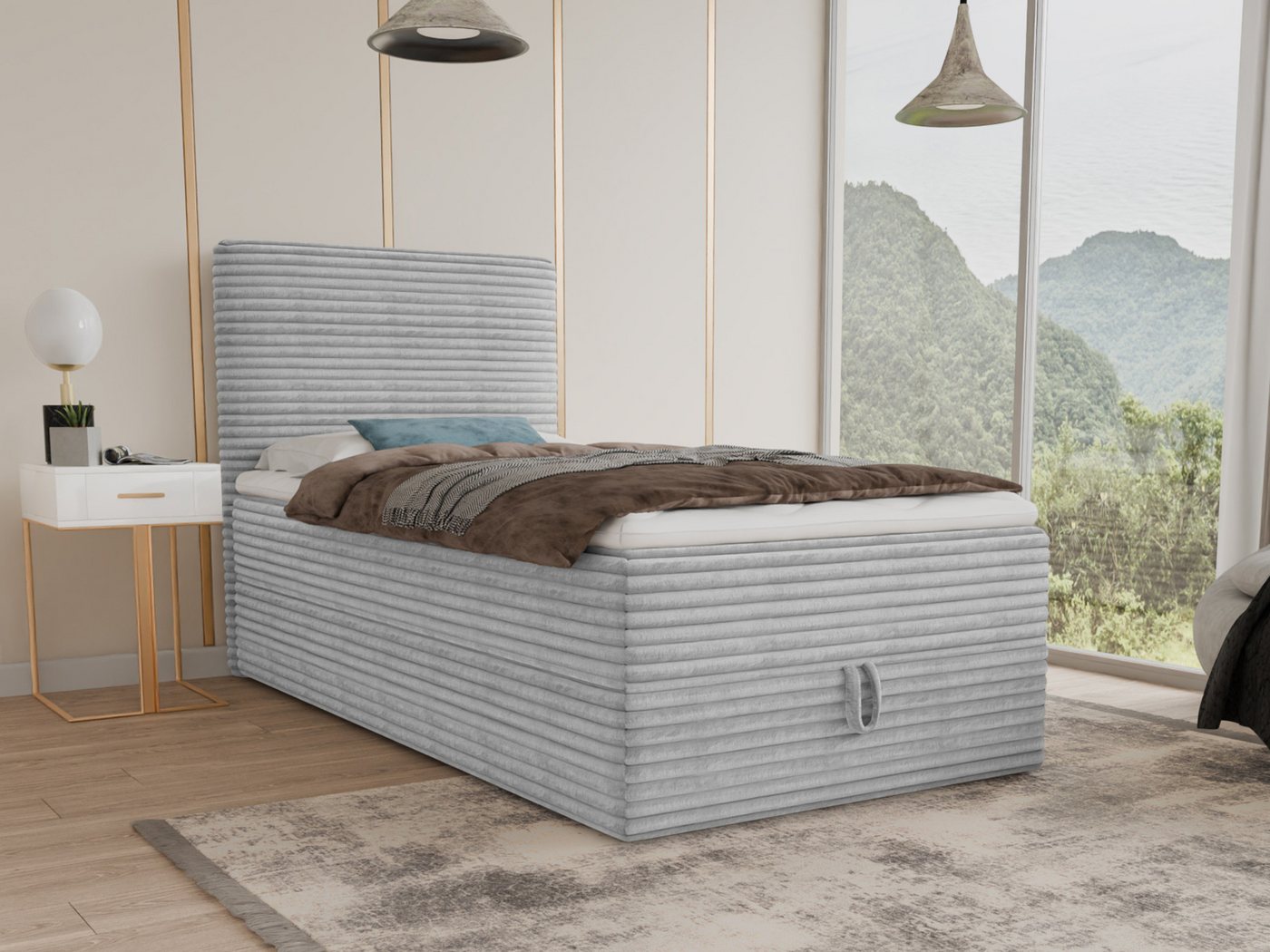 Sofnet Boxbett Mollo Mini (großer Bettkasten, Bonell-Matratze und Topper), Einzelbett, Polsterbett mit Kopfteil, Boxspringbett, Cordstoff von Sofnet