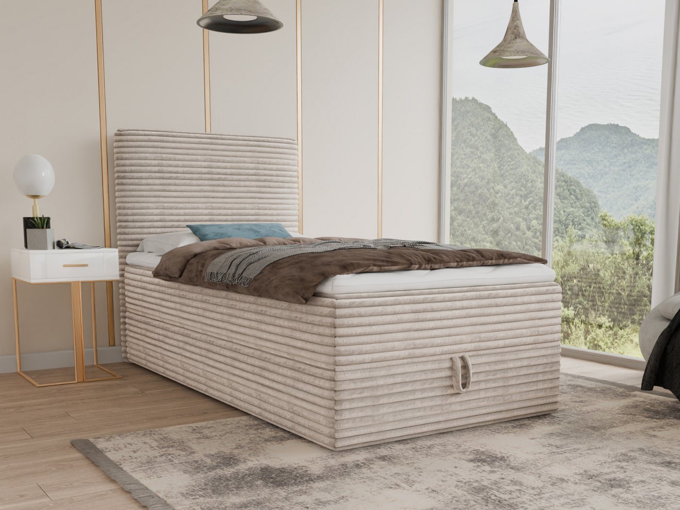 Sofnet Boxbett Mollo Mini (großer Bettkasten, Bonell-Matratze und Topper), Einzelbett, Polsterbett mit Kopfteil, Boxspringbett, Cordstoff von Sofnet