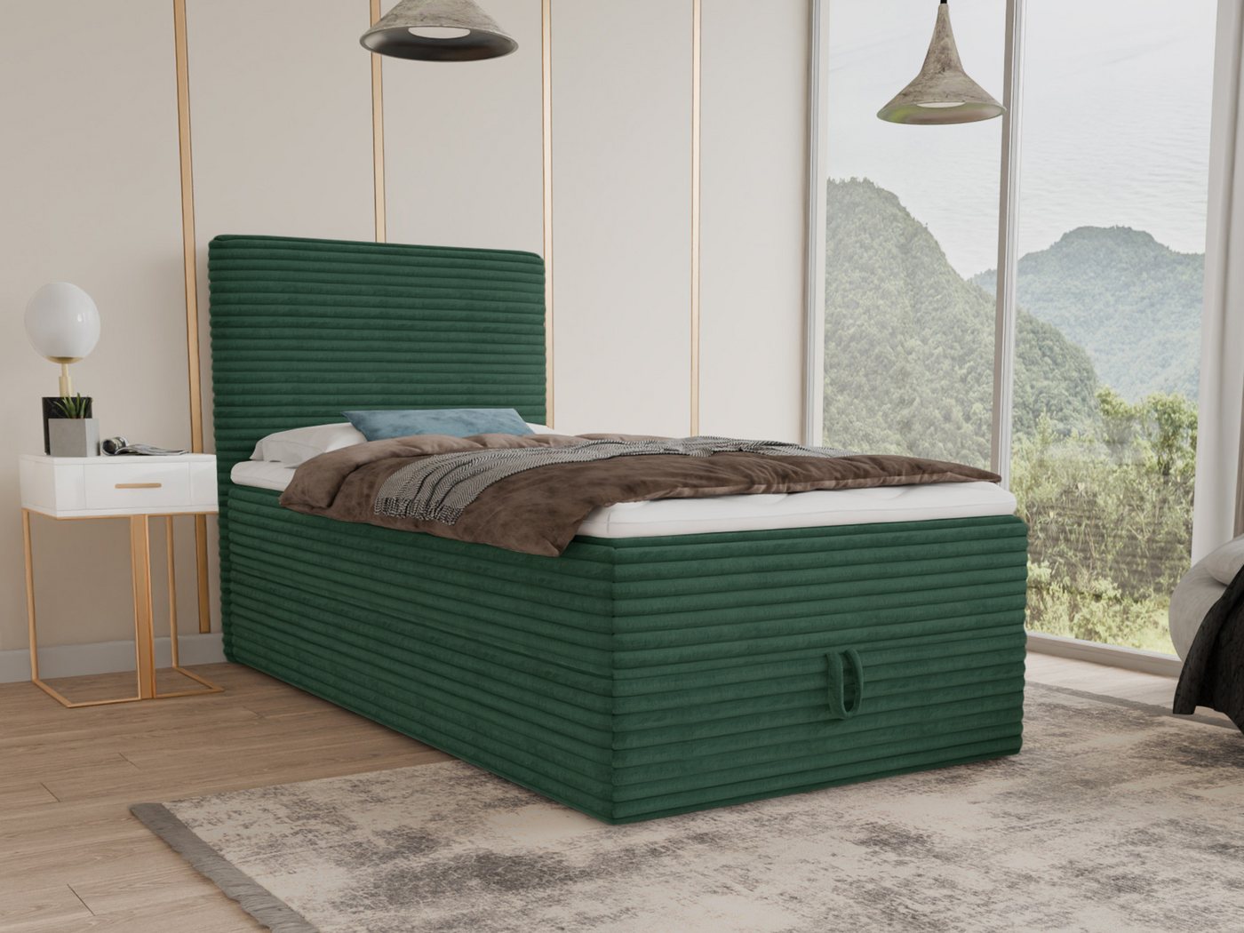Sofnet Boxbett Mollo Mini (großer Bettkasten, Bonell-Matratze und Topper), Einzelbett, Polsterbett mit Kopfteil, Boxspringbett, Cordstoff von Sofnet