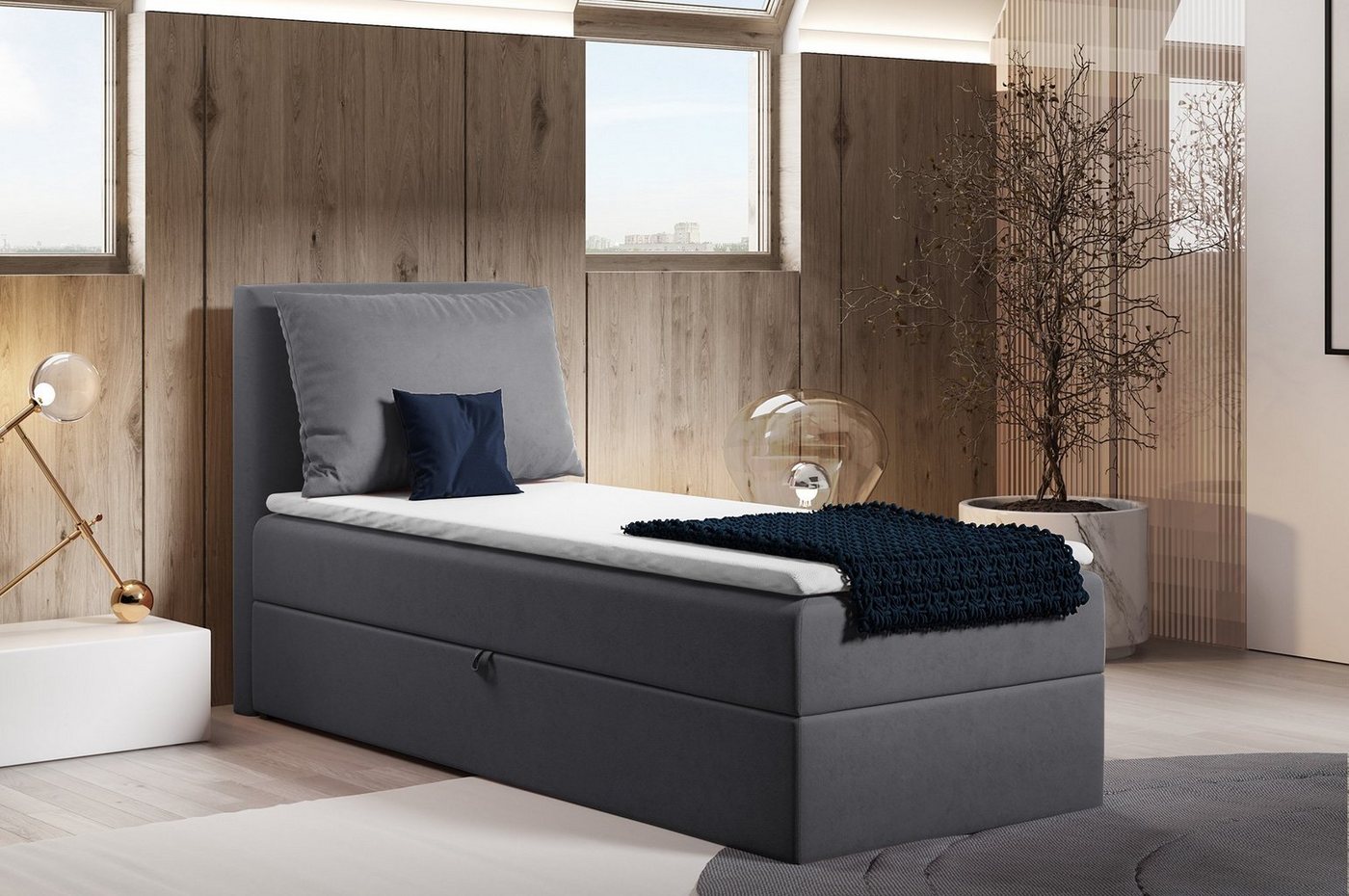 Sofnet Boxspringbett Egro Mini (mit Bettkasten, Bonell-Matratze und Topper), Einzelbett, Polsterbett mit Kopfteil und Kissen, Kinderbett von Sofnet