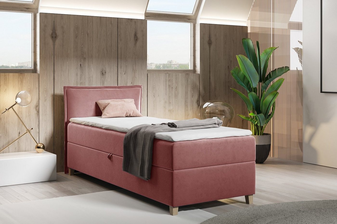 Sofnet Boxbett Fren Mini (mit Bettkasten, Bonell-Matratze und Topper), Einzelbett, Polsterbett mit Kopfteil, Boxspringbett, Jugendbett von Sofnet