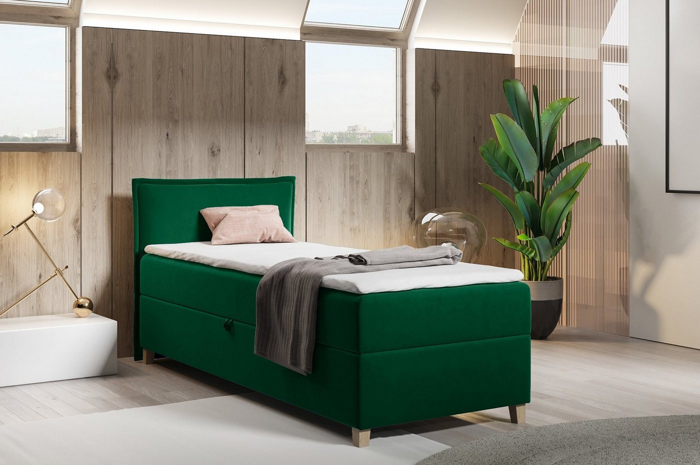 Sofnet Boxbett Fren Mini (mit Bettkasten, Bonell-Matratze und Topper), Einzelbett, Polsterbett mit Kopfteil, Boxspringbett, Jugendbett von Sofnet