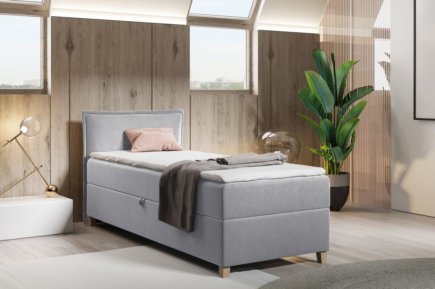 Sofnet Boxspringbett Fren Mini (mit Bettkasten, Bonell-Matratze und Topper), Einzelbett, Polsterbett mit Kopfteil, Jugendbett, Kinderbett von Sofnet