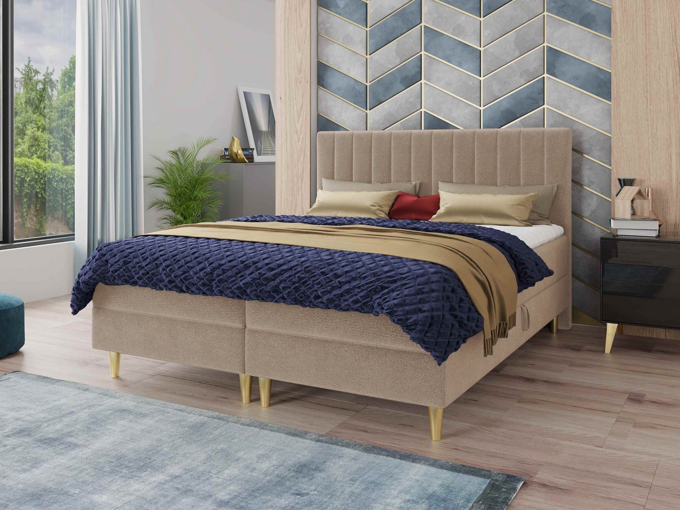 Sofnet Boxbett Gold (mit zwei Bettkästen, Bonell-Matratze und Topper), Doppelbett, Polsterbett mit Kopfteil, Gold Füße, Boxspringbett von Sofnet