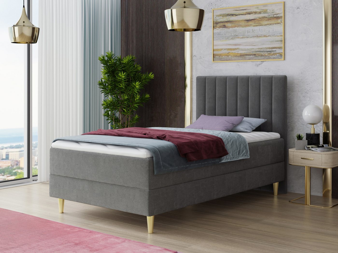 Sofnet Boxbett Gold Mini (mit Bettkasten, Bonell-Matratze und Topper), Einzelbett, Polsterbett, Boxspringbett, Kinderbett, Gold Füße von Sofnet