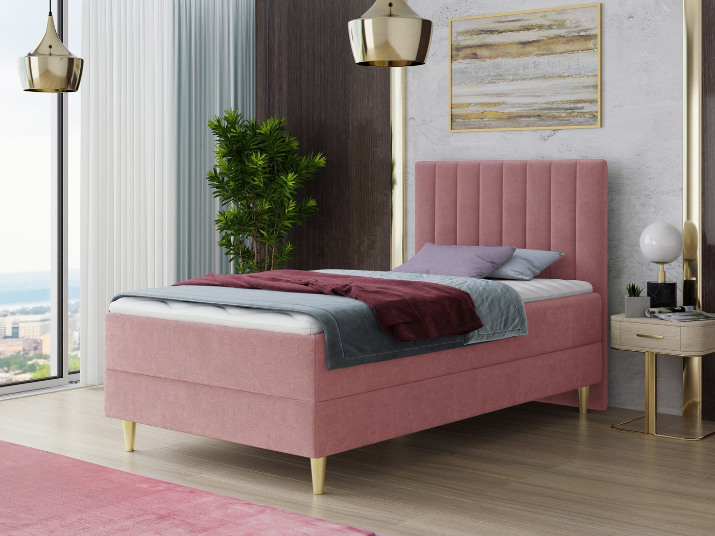 Sofnet Boxbett Gold Mini (mit Bettkasten, Bonell-Matratze und Topper), Einzelbett, Polsterbett, Boxspringbett, Kinderbett, Gold Füße von Sofnet
