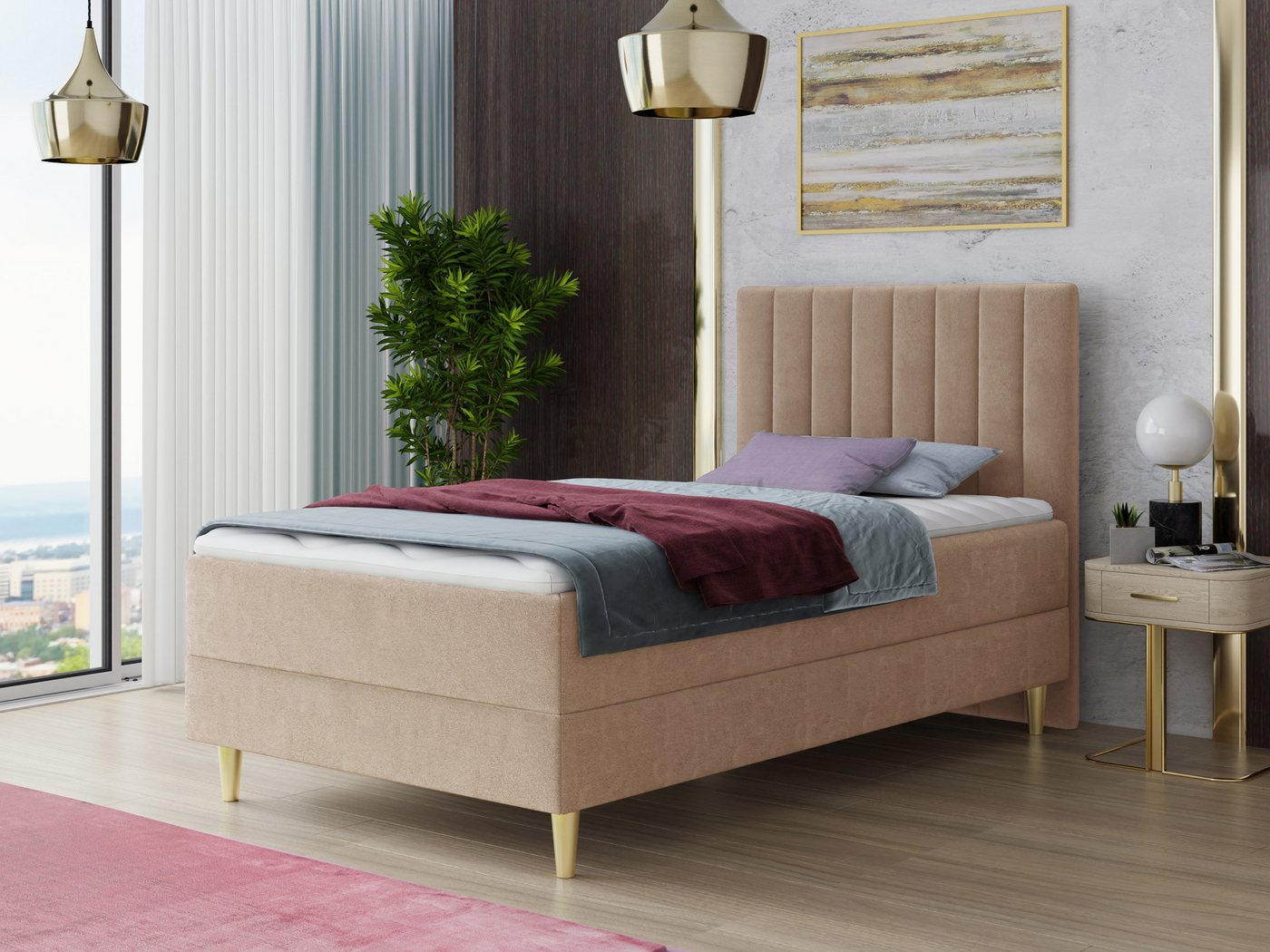 Sofnet Boxbett Gold Mini (mit Bettkasten, Bonell-Matratze und Topper), Einzelbett, Polsterbett, Boxspringbett, Kinderbett, Gold Füße von Sofnet