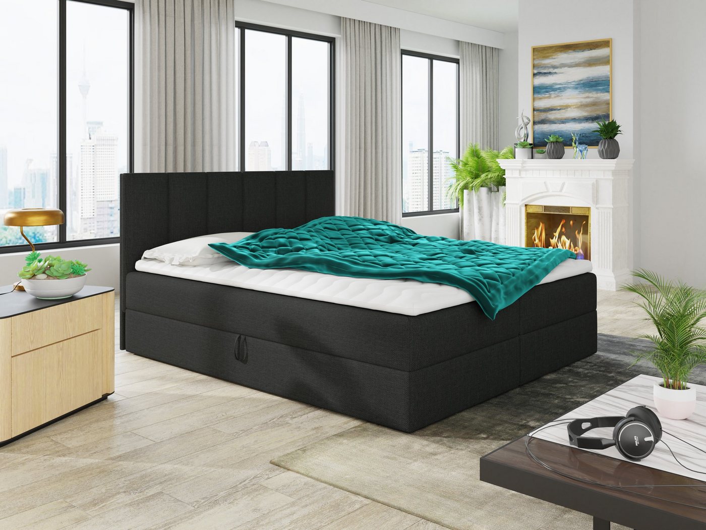 Sofnet Boxspringbett Star (mit zwei Bettkasten, Bonell-Matratze und Topper), Doppelbett, Polsterbett mit Kopfteil von Sofnet