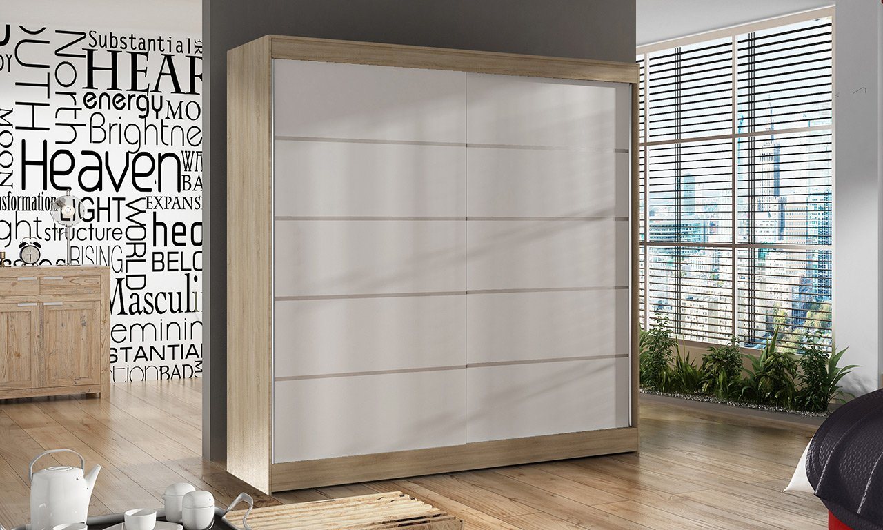 Sofnet Kleiderschrank Basti IV (mit Schiebetüren und Kleiderstange) Schwebetürenschrank mit 2 Türen, Schiebetürenschrank - 200x215x58 cm von Sofnet