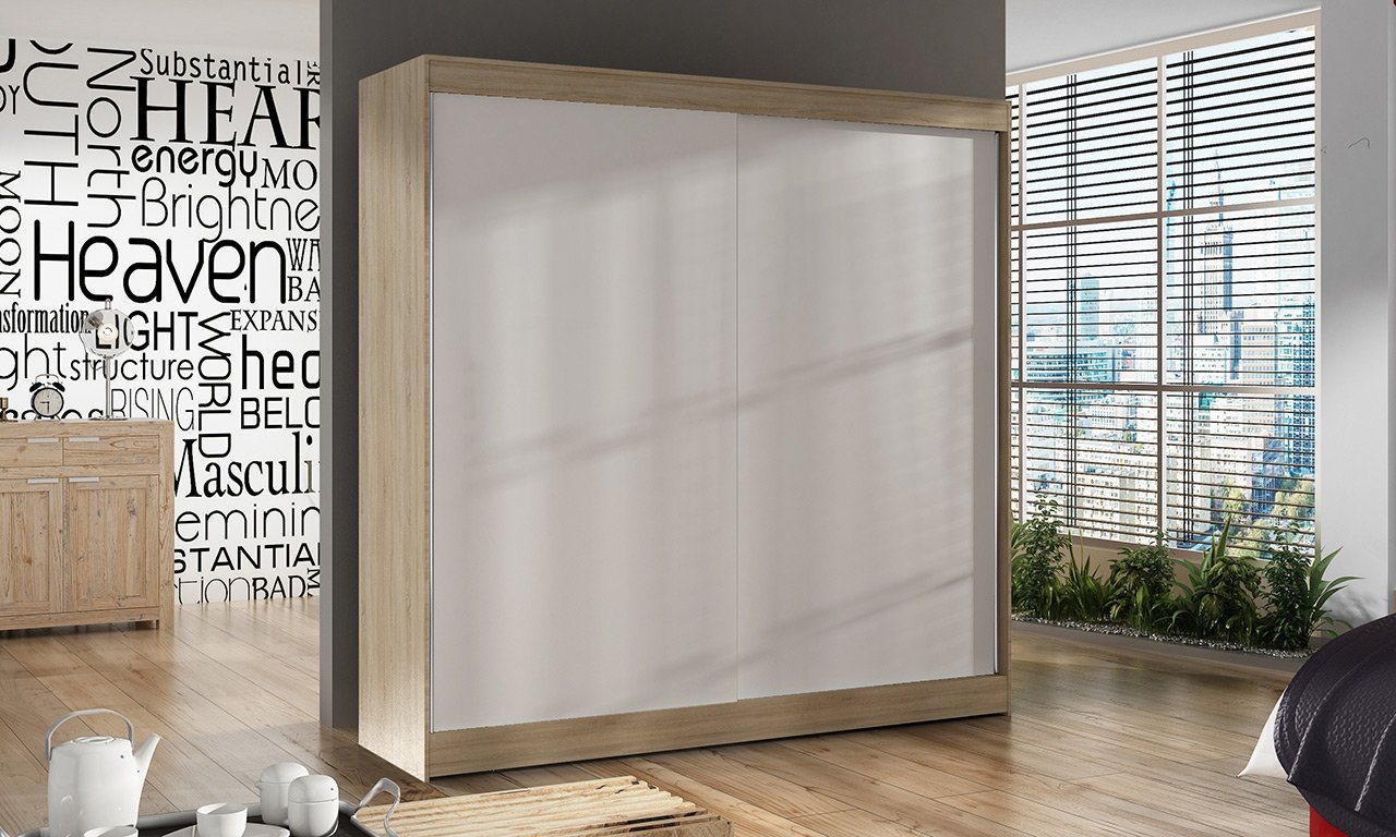 Sofnet Kleiderschrank Basti X (mit Schiebetüren und Kleiderstange) Schwebetürenschrank mit 2 Türen, Schiebetürenschrank - 200x215x58 cm von Sofnet