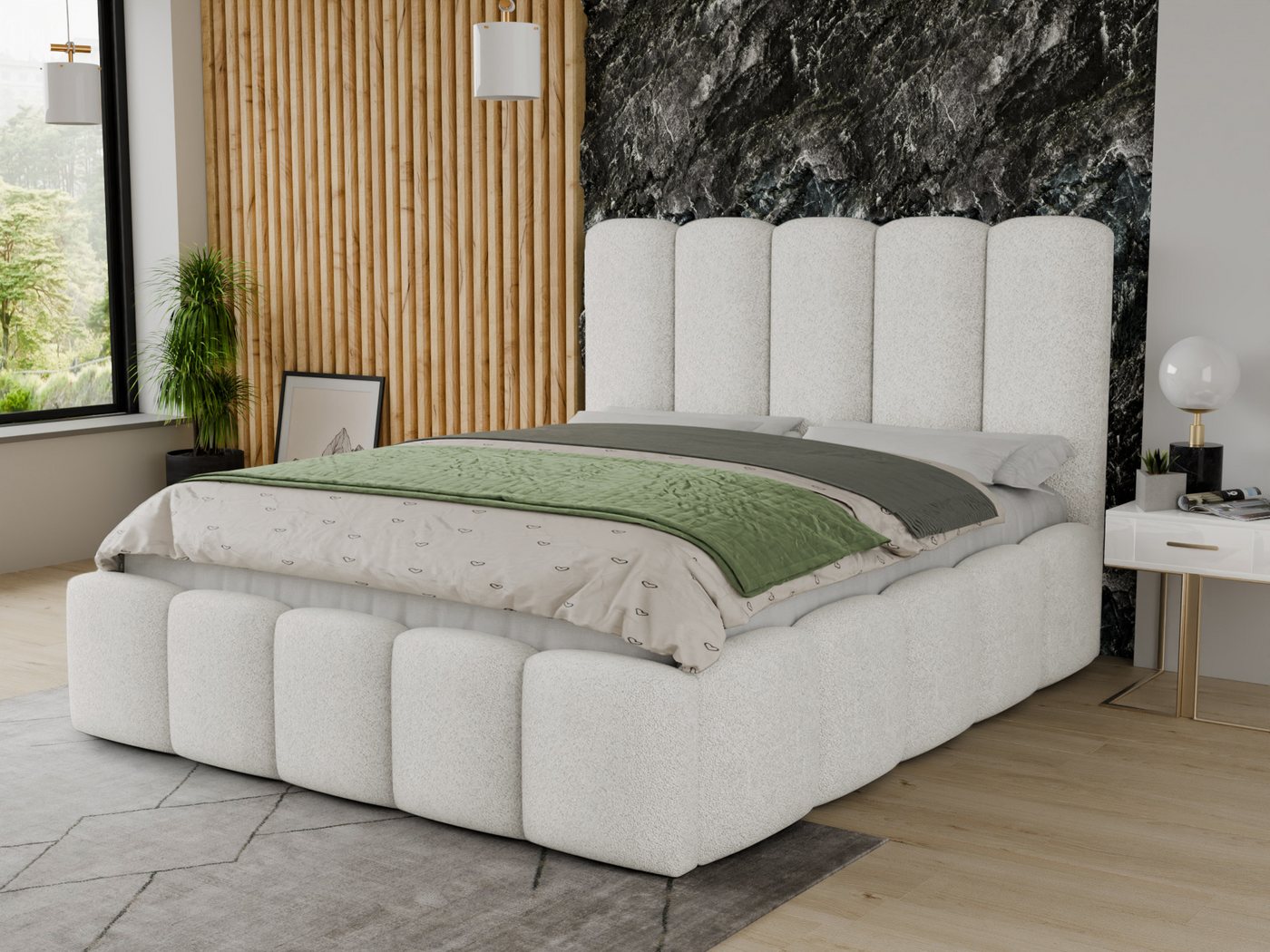 Sofnet Polsterbett Aura (mit Bettkasten und Lattenrost), Doppelbett, Bett mit Gasdruckfeder, Bouclé-Material von Sofnet
