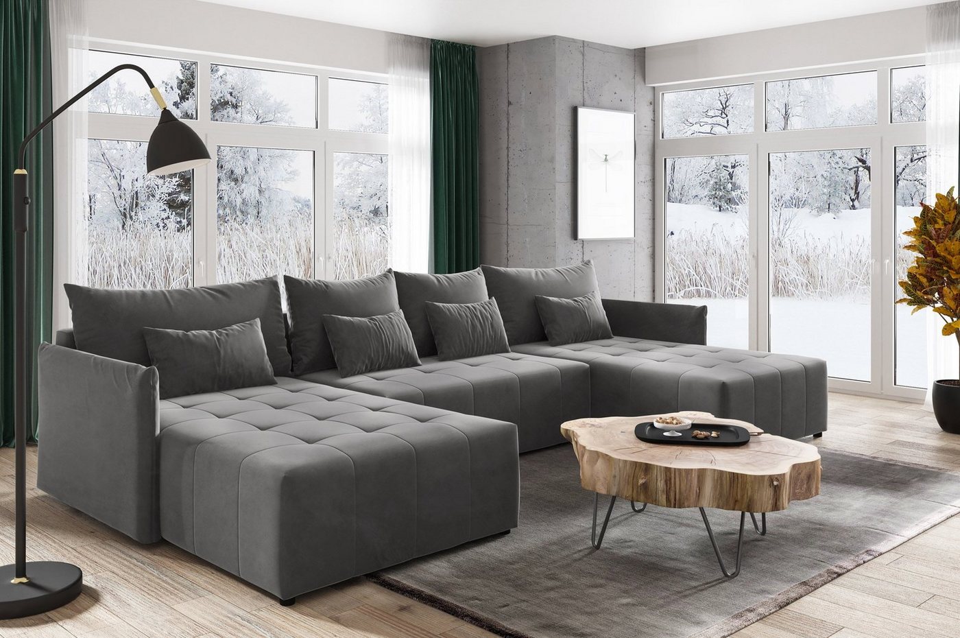 Sofnet Wohnlandschaft Leno U, mit Schlaffunktion und Bettkasten, Ecksofa, U-Form Couch, Schlafsofa mit Wellenfeder von Sofnet