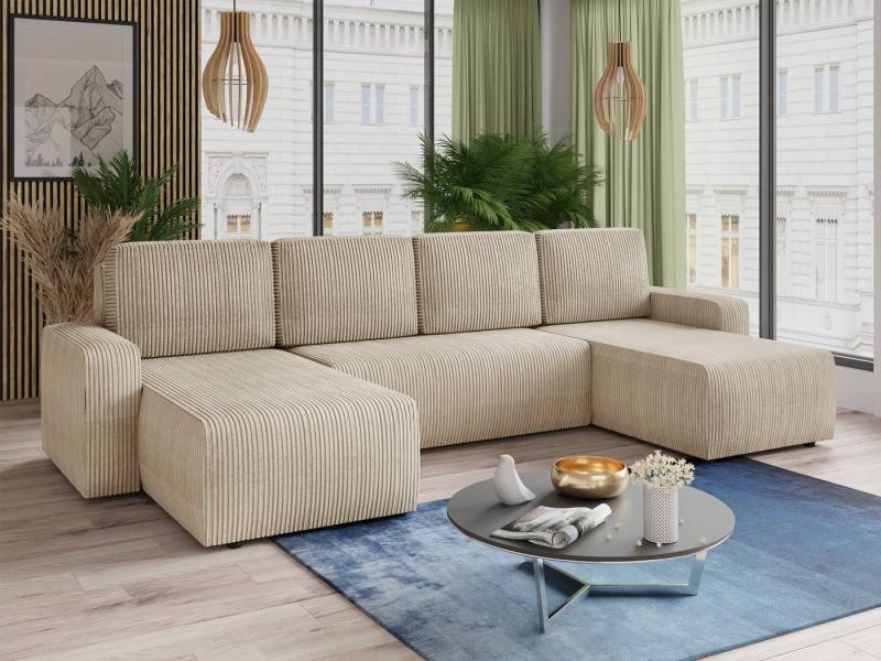 Sofnet Wohnlandschaft Roma U, mit Schlaffunktion und Bettkasten, U-Form Couch, Cord Stoff, Schlafsofa mit Wellenfeder von Sofnet