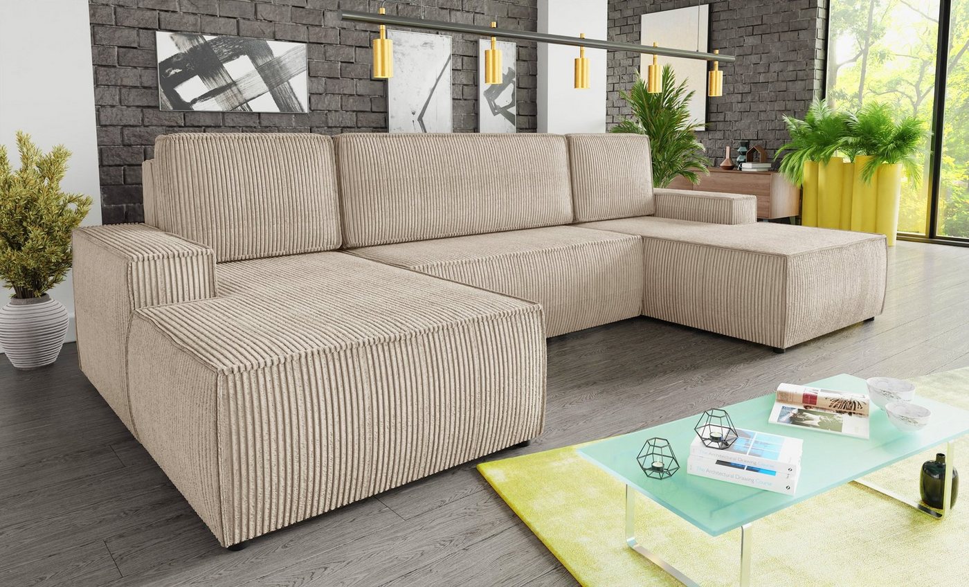 Sofnet Wohnlandschaft Totti U, mit Schlaffunktion und Bettkasten, U-Form Couch, Cord Stoff, Schlafsofa mit Wellenfeder von Sofnet