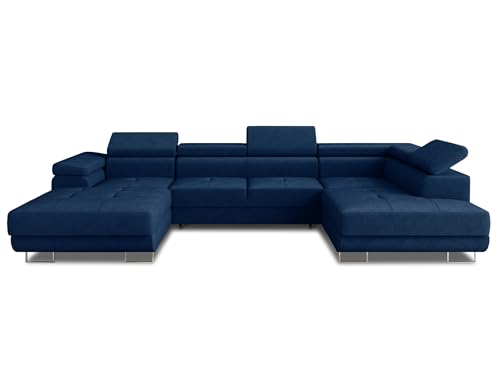 Wohnlandschaft Caris U mit Schlaffunktion und einstellbare Kopfstützen, Ecksofa mit Zwei Bettkästen, Couch, Sofa, Bettsofa (Blau (Kronos 09), Ecksofa Links) von Sofnet