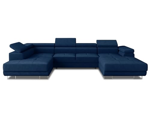 Wohnlandschaft Caris U mit Schlaffunktion und einstellbare Kopfstützen, Ecksofa mit Zwei Bettkästen, Couch, Sofa, Bettsofa (Blau (Kronos 09), Ecksofa Rechts) von Sofnet