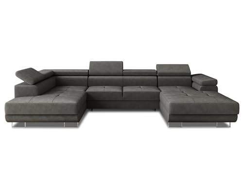 Wohnlandschaft Caris U mit Schlaffunktion und einstellbare Kopfstützen, Ecksofa mit Zwei Bettkästen, Couch, Sofa, Bettsofa (Graphit (Kronos 22), Ecksofa Rechts) von Sofnet