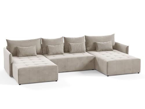 Wohnlandschaft Leno U mit Schlaffunktion - U-Form Couch, Ecksofa mit Bettkasten, Couchgranitur mit Bettfunktion, Schlafsofa, Big Sofa - Velours Stoff (Beige (Paros 02)) von Sofnet