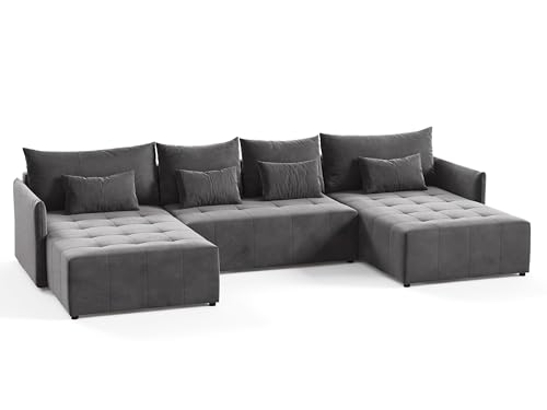 Wohnlandschaft Leno U mit Schlaffunktion - U-Form Couch, Ecksofa mit Bettkasten, Couchgranitur mit Bettfunktion, Schlafsofa, Big Sofa - Velours Stoff (Dunkelgrau (Kronos 22)) von Sofnet