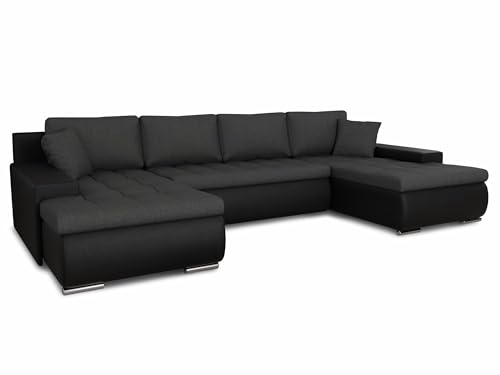 Wohnlandschaft mit Schlaffunktion Faris U-Form - Couch, Schlafsofa mit Bettkasten, Couchgranitur mit Bettfunktion, Big Sofa, Bettsofa (Schwarz + Graphit (Madryt 1100 + Inari 94)) von Sofnet