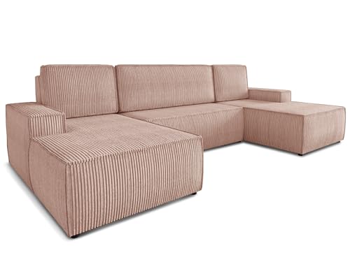 Wohnlandschaft mit Schlaffunktion Totti - U-Form Couch, Schlafsofa mit Bettkasten, Couchgranitur mit Bettfunktion, Big Sofa, Cord Stoff, Wohnzimmer (Rosa (Poso 052)) von Sofnet