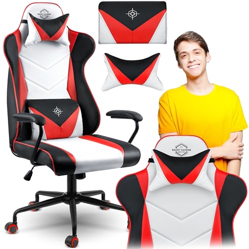 Sofotel Gaming Stuhl Ergonomisch Sessel Schreibtischstuhl Verstellbar Kopfstütze Lendenwirbelstütze Armlehnen SoftUp SoftSwing Kunstleder Herausnehmbare Kissen Miss Fortune Weiß Rot Schwarz von Sofotel