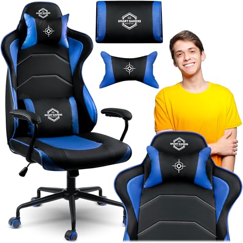 Sofotel Hydra Katarina Gaming Drehstuhl Sessel - PC Gaming Stuhl mit Kissen – Bequemer Gaming Stuhl – Gamer Chair mit Gummirädern – SoftSwing-Schaukelfunktion - 62 x 50 x 123 cm - [Schwarz, Blau] von Sofotel