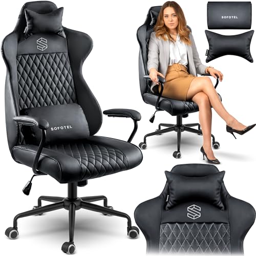 Sofotel Schreibtischstuhl Bürostuhl Ergonomisch Drehstuhl Verstellbar Kopfstütze Lendenwirbelstütze Armlehnen SoftUp SoftSwing Stuhl Arbeitszimmer Herausnehmbare Kissen Werona Schwarz Gesteppt von Sofotel