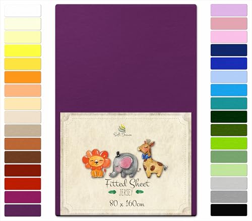 Soft Dream Spannbettlaken 80x160 cm - Premium Qualität - 100% gekämmte Baumwolle Jersey -Spannbetttuch für Kinderbett Juniorbett - OekoTex Zertifiziert - Made in EU - Pflaume von Soft Dream