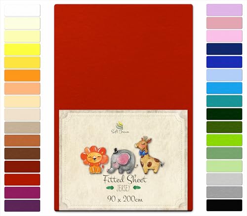 Soft Dream Spannbettlaken 90x200 cm - Premium Qualität - 100% gekämmte Baumwolle Jersey -Spannbetttuch für Kinderbett Juniorbett - OekoTex Zertifiziert - Made in EU -Rot von Soft Dream