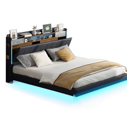 Softa Polsterbett 140 * 200 mit LED-Beleuchtung und USB-Steckdose, Kopfteil mit Stauraum, Schwebebett Jugendbett Erwachsenenbett, Leinenstoff, Grau von Softa