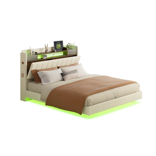 Softa Polsterbett 160 * 200 mit LED-Beleuchtung und USB-Steckdose, Kopfteil mit Stauraum, Schwebebett Jugendbett Erwachsenenbett, Leinenstoff, Beige Softa Polsterbett 160 * 200 mit LED-Beleuchtung und USB-Steckdose, Kopfteil mit Stauraum, Schwebebett Jugendbett Erwachsenenbett, Leinenstoff, Beige von Softa