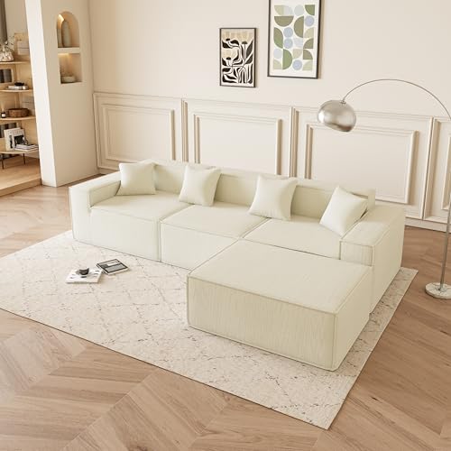 Softa Sofa, Couch, Modulares L-förmiges Sofa mit umstellbarer Chaiselongue – Tiefer Sitz, platzsparend, modern gepolstert in Beige von Softa