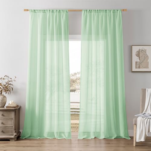 Softalker Gardinen Grün Transparent Vorhänge Leinenoptik Gardine Schlaufenschal 2er Set 140x240cm(BxH) Voile Vorhang mit Stangendurchzug Gardinenschals für Wohnzimmer Schlafzimmer Kinderzimmer Fenster von Softalker