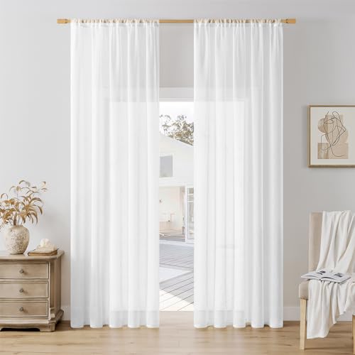 Softalker Gardinen Stangendurchzu Vorhänge Weiß in Leinen-Optik Voile Vorhang Durchsichtig Gardine schal 200 cm Hoch für Schlafzimmer Fenster Vorhang 140 cm Breit, 2er Set von Softalker