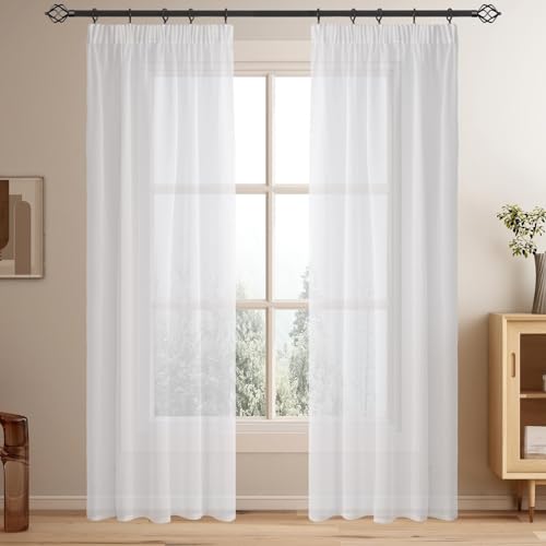 Softalker Gardinen mit Kräuselband Vorhänge Weiß Transparent in Leinen-Optik Voile Vorhang Durchsichtig Gardine schal 240 cm Hoch für Schlafzimmer Fenster Vorhang 140 cm Breit, 2er Set von Softalker