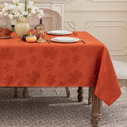 Softalker Tischdecke Herbst 140x240 cm Rechteckig Abwaschbar Wasserabweisend Tischtuch mit Ahornblatt-Jacquard Fleckschutz Rostorange für Esstisch Couchtisch Gartenparty Wohnzimmer Herbstdeko von Softalker