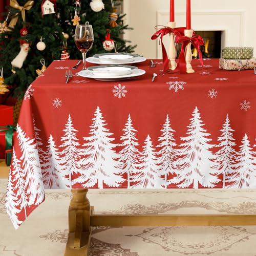 Softalker Tischdecke Weihnachten abwaschbar rot 140x240 cm Weihnachts Tischdecken modern groß mit Schneeflocken und Weihnachtsbaum-Motiv für Outdoor,Weihnachtsdekoration,Silvester,Garten,Küche von Softalker