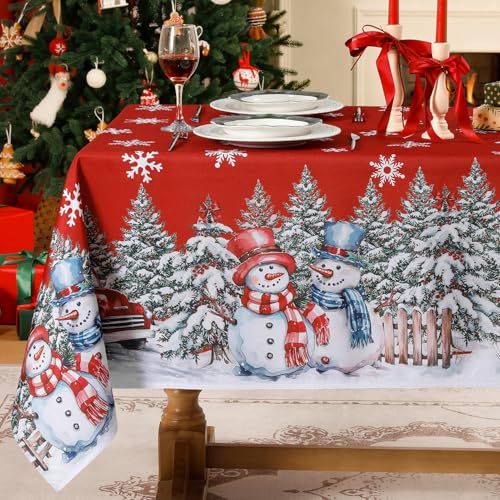 Softalker Tischdecke Weihnachten abwaschbar rot 150x300 cm,groß Weihnachts Tischdecken modern， Mit weiß Schneeflocke Schneemann, und Weihnachtsbaumdekoration für Party,Holiday,Kindergeburtstag von Softalker
