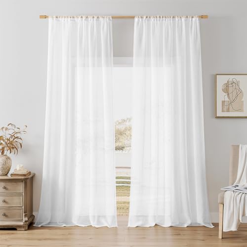 Softalker Vorhänge Gardinen Weiss Transparent Leinenoptik Voile Vorhang Kurz Stangendurchzu Gardine schal 225 cm Hoch für Schlafzimmer Fenster Vorhang 140 cm Breit, 2er Set von Softalker