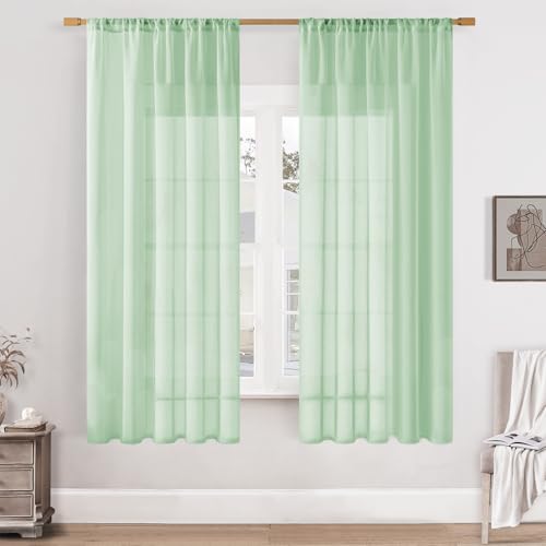 Softalker Vorhänge Grün mit Stangendurchzug Gardinen Transparent in Leinen-Optik Voile Vorhang Kurz 2er Set Durchsichtig Gardine Schal 160 cm Hoch für Wohnzimmer Schlafzimmer Fensterschal 140 cm Breit von Softalker