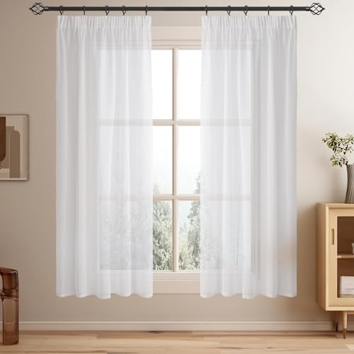 Softalker Vorhänge mit Kräuselband Gardinen Weiss Transparent in Leinen-Optik Voile Vorhang Kurz 145 cm Hoch Durchsichtig Gardine schal für Schlafzimmer Fenster Vorhang 140 cm Breit, 2er Set von Softalker