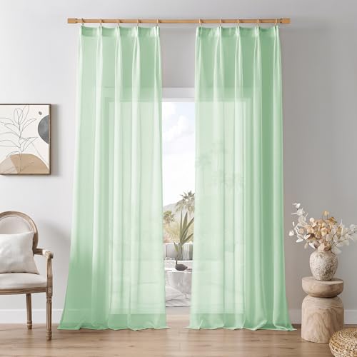 Softalker Vorhang Salbeigrün Gardinen mit Kräuselband Transparent in Leinen-Optik Voile Vorhänge Wohnzimmer Gardine Schal 245 cm Hoch 2er Set für Schiene Vorhang Schlafzimmer Fenster 140 cm Breit von Softalker