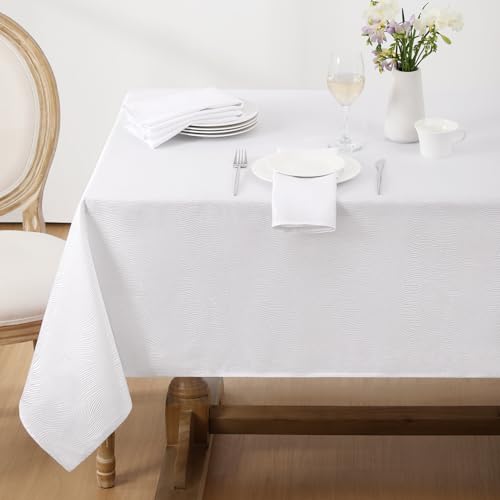 Softalker weiße Tischdecke Abwaschbar 100x140 cm mit Jacquard-Wellenmuster Wasserabweisend rechteckig Tischtuch Abwischbar Table Cloth für Herbst Outdoor Garten Weihnachten Party Geburtstag Hochzeit von Softalker