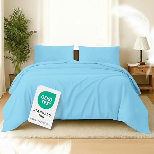 Softex Royal Bettwäsche Set 155x200 cm – 2-teilig (1 Bettbezug + 1 Kissenbezug 80x80 cm) – 100% Baumwolle – hautfreundlich & 60° waschbar – YKK Reißverschluss – Oeko-TEX Zertifiziert Hellblau von Softex Royal