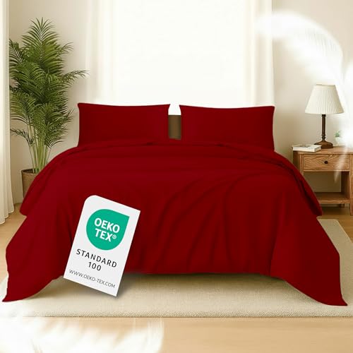 Softex Royal Bettwäsche Set 155x220 cm – 2-teilig (1 Bettbezug + 1 Kissenbezug 80x80 cm) – 100% Baumwolle – hautfreundlich & 60° waschbar – YKK Reißverschluss – Oeko-TEX Zertifiziert Kirschrot von Softex Royal