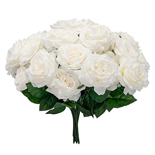 Softflame Künstliche/künstliche Blumen – Rosenstrauß, weiß, 6 Stück, insgesamt 42 Köpfe, für Hochzeit, Zuhause, Party, Restaurant von Softflame