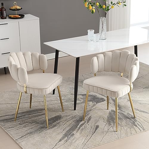 SogesHome 2er Set Samtstühle mit Blüten-Rückenlehne – Bequeme Esszimmerstühle mit Armlehne & Metallbeinen, Wohnzimmer-/Bürostuhl, Modernes Design (Lvory) von SogesHome